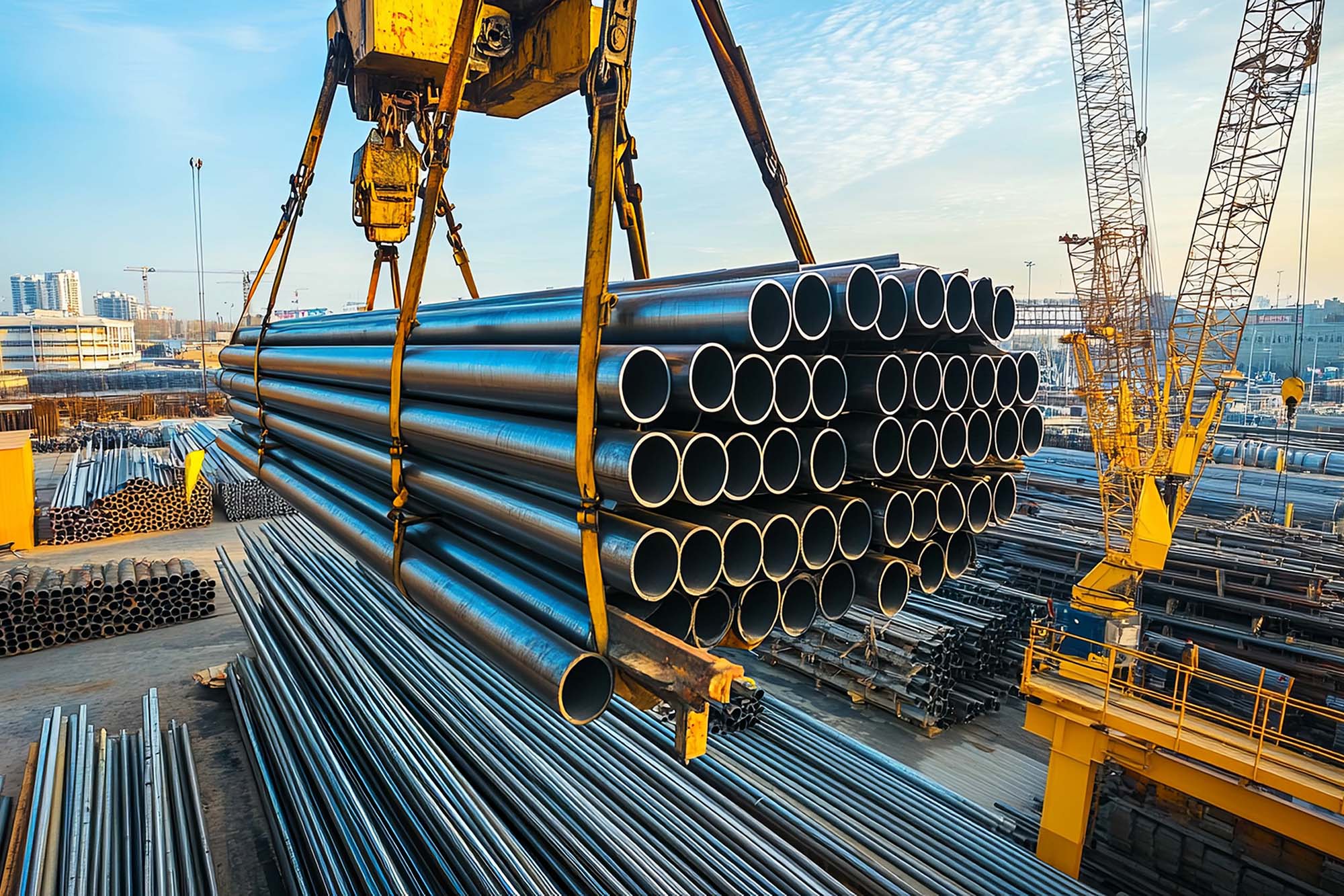 A crane loading steel pipes