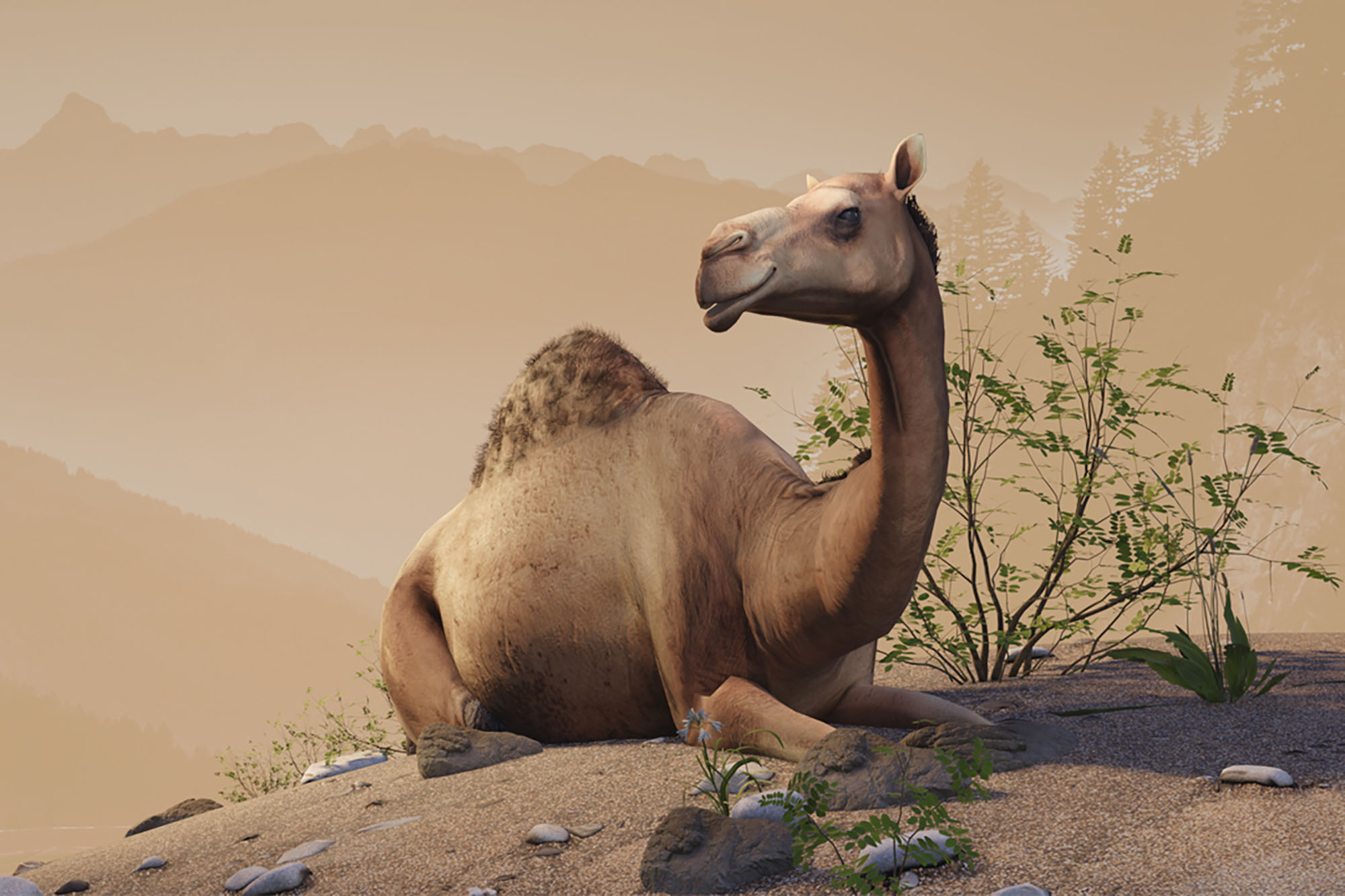 A computerized image of a camel resting on its legs in the desert.